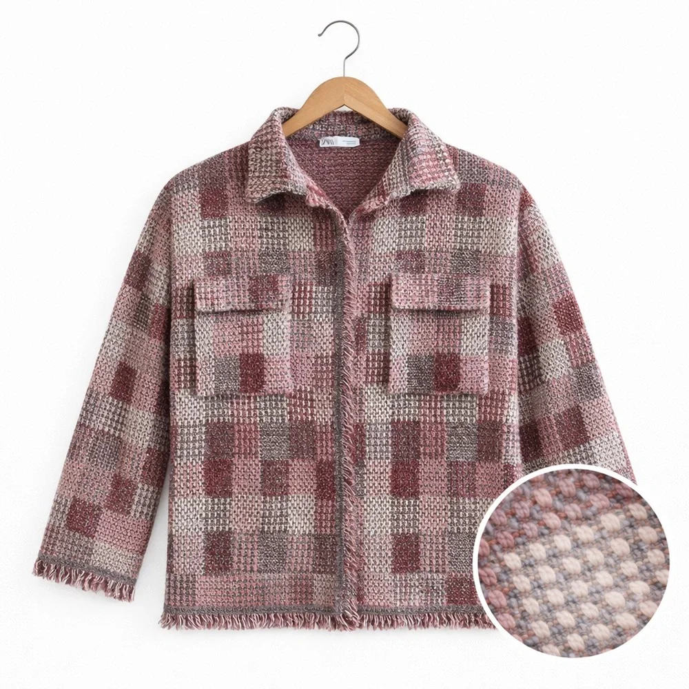 ZARA Pink Metallic Tweed Knit Shacket Jacket Check Frayed Trim Boxy S/M - Picture 3 of 9